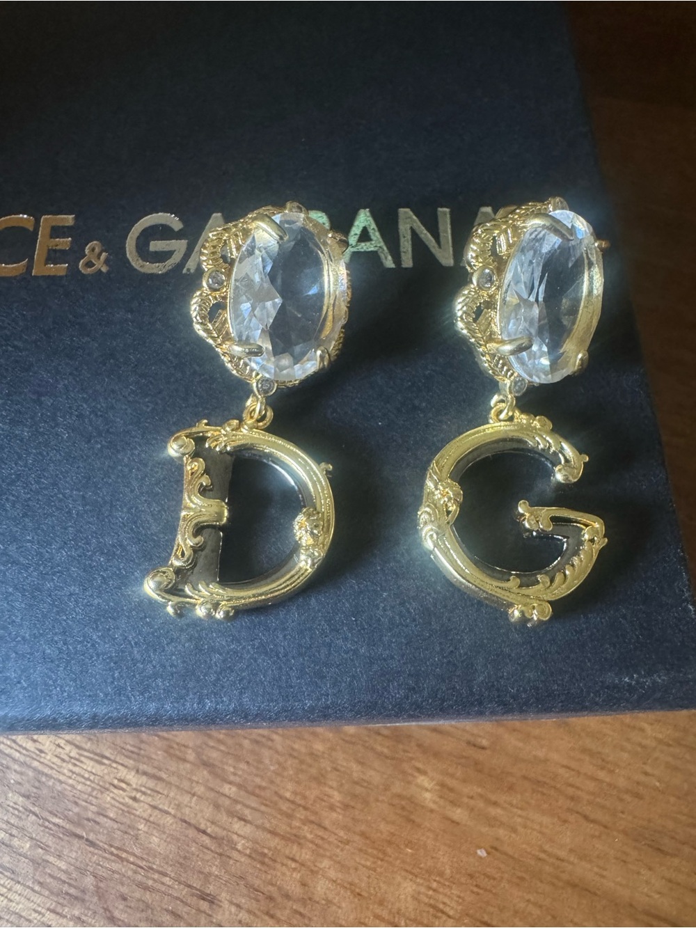 Gold-Tone Crystal Drop Earrings with 'D' Letter Charm